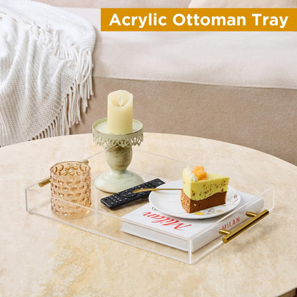 12"x16" Clear Acrylic Serving Tray with Golden Handles, Sturdy Huge Capacity Acrylic Tray for Coffee, Juice, Kitchen and Desk Organizer, Storage Tray (12"x16")