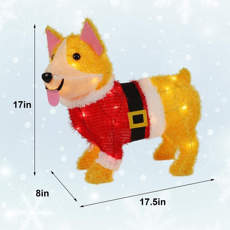 WATERGLIDE Christmas Outdoor Decoration Lighted Dog, 17 Inch Height Pre-Lit 3D Tinsel Cute Puppy Xmas Indoor Outside Holiday Decor with Clear Lights, Light Up & Plug in for Yard Garden Lawn Display