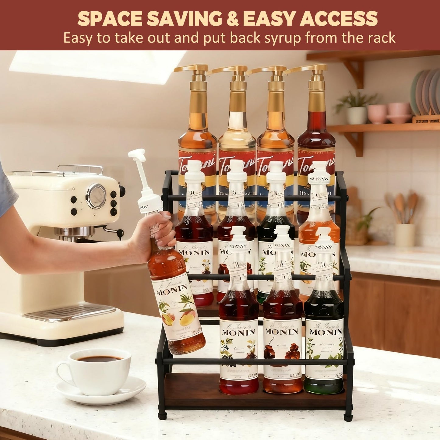 HRUSGO Coffee Syrup Rack Organizer - Metal Bottle Holder for 12 Bottles – Rustic Countertop Display Shelf for Coffee Bar, Kitchen Cabinet, Pantry Storage for Syrups, Liquor, Spice, Tea & Wine (3-Tier)
