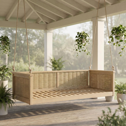 Outdoor Twin Size Porch Swing Bed w/Solid Wood Frame for Garden, All Weather Wooden Swing Bench w/Hand Woven Rattan Backrest & Armrest for Patio, Deck, Balcony, Backyard (Light Teak)