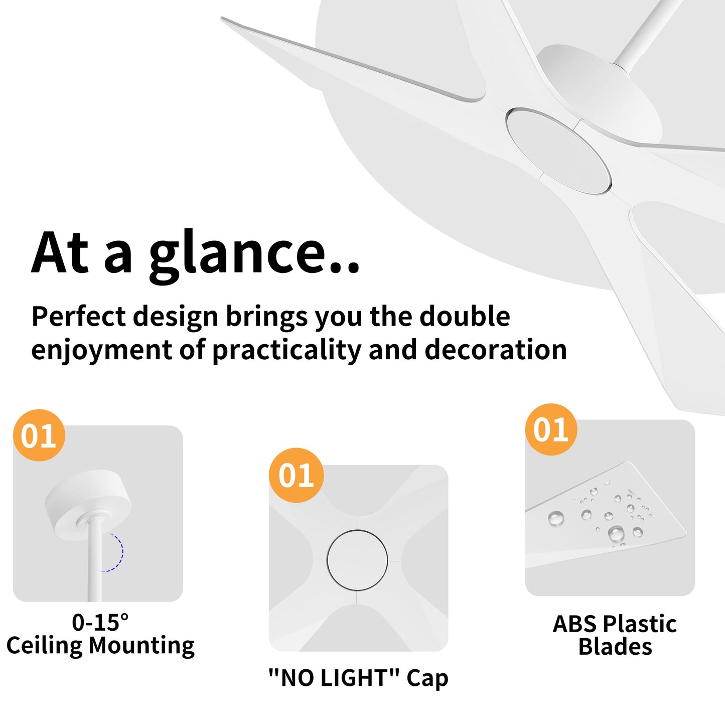 WINGBO 64" Wet Rated Outdoor Ceiling Fan without Lights, 4 ABS Plastic Blades, Reversible DC Motor, 6-Speed Remote Control, Waterproof Ceiling Fan No Lights for Patio Porch Gazebo Garage, White