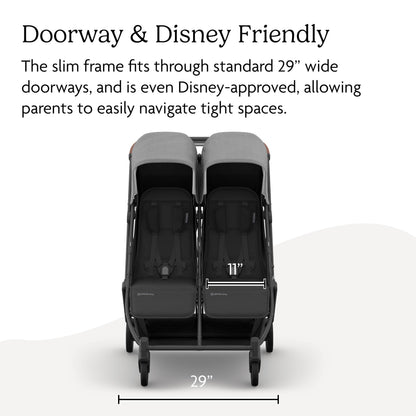 UPPAbaby Minu Duo Side-by-Side Double Stroller - Lightweight + Compact Design for Travel - Easy Fold- From Birth to Toddler - Independent Recline -Greyson(Charcoal Mélange/Carbon Frame/Saddle Leather)