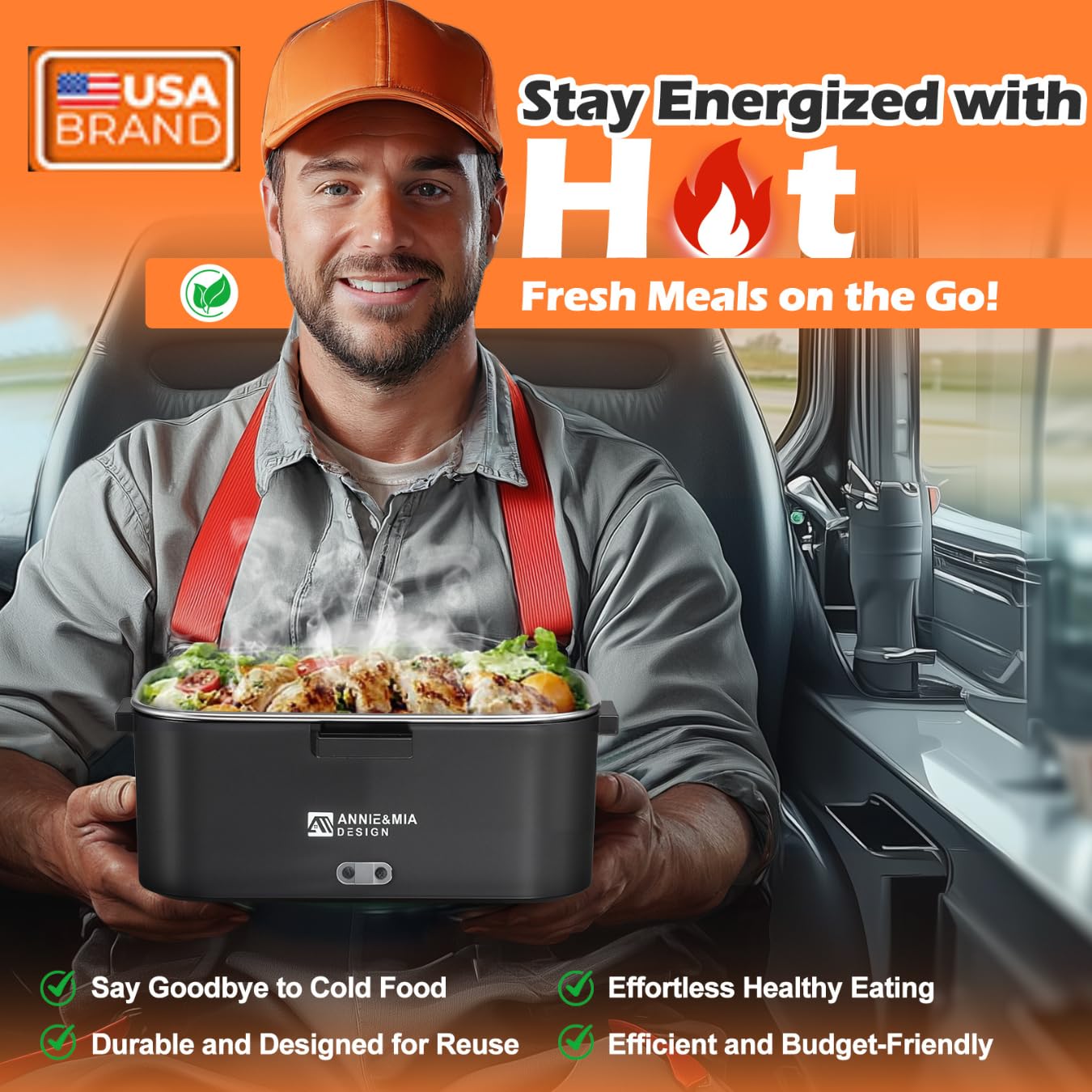 Annie & Mia Design Electric Lunch Box for Adults, 100w 1.8L Portable Food Warmer for men Heated Lunch Box for Adults, Home/Car/Office/Truck Use, Lonchera Eléctrica Portátil