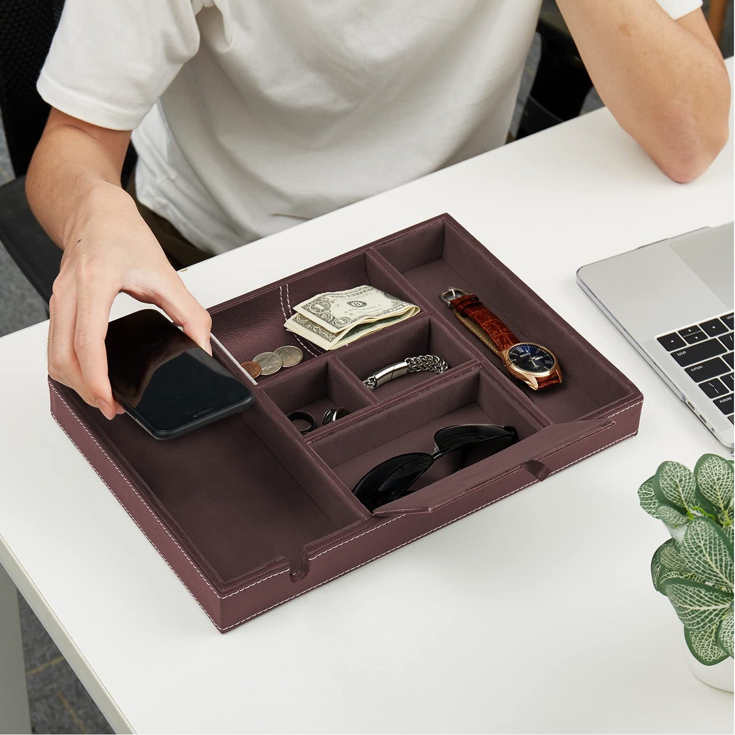 Baoyun Mens Nightstand Organizer, Leather Valet Tray for Men, EDC Catchall Tray with Phone Charging Station, Dresser Top Organizer, 6 Compartments Entryway Valet Box for Wallet, Keys, Phone