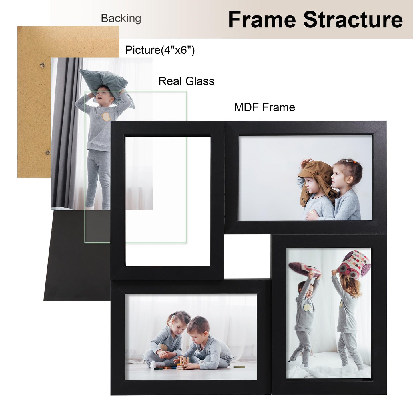 THKRLOF 4x6 Picture Frames Collage 1 Pack, 4 Opening Multi Family Photo Collage Frames with Real Glass for Wall Hanging or Tabletop, Black