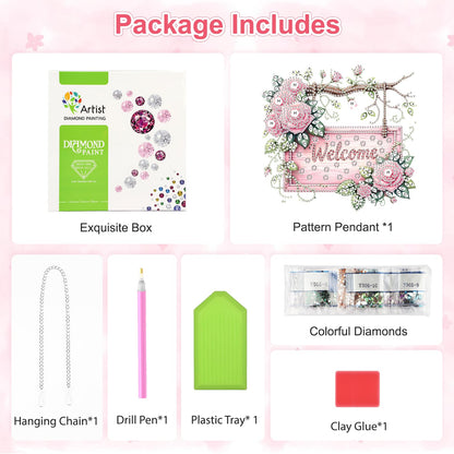 Roses Flower Diamond Art Hanging Ornaments Kits for Adults, Spring Diamond Painting Pendant Kits, DIY Acrylic 5D Special Shaped Crystal Gem Art Painting Ornament for Home Wall Decor Gift 8x8 Inch