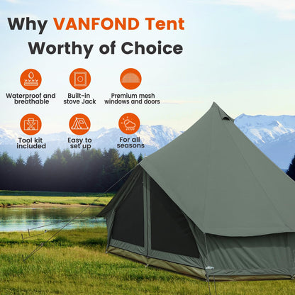 VANFOND Canvas Bell Tent, Yurt with Stove Jack, Waterproof and Breathable Glamping Wall Tent, Detachable Groundsheet for Camping Party