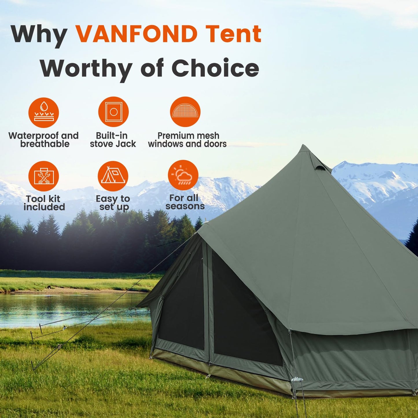 VANFOND Canvas Bell Tent, Yurt with Stove Jack, Waterproof and Breathable Glamping Wall Tent, Detachable Groundsheet for Camping Party