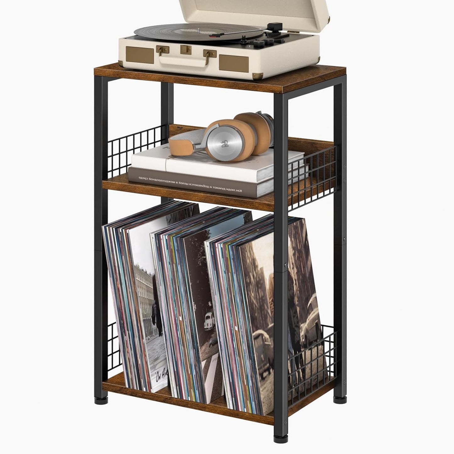 Spaces,3 LELELINKY End Table with Storage, Brown Nightstand for Small Tier Record Player Stand with Vinyl Storage