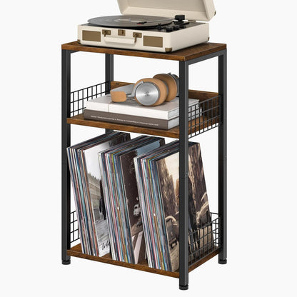 Spaces,3 LELELINKY End Table with Storage, Brown Nightstand for Small Tier Record Player Stand with Vinyl Storage