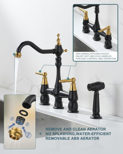 Kitchen Faucet Bridge with Side Sprayer, 4 Hole Brass Kitchen Faucet with 360° Swivel Tap, 2 Handle 8 Inch Vintage Faucet for Kitchen Sinks, Black Gold