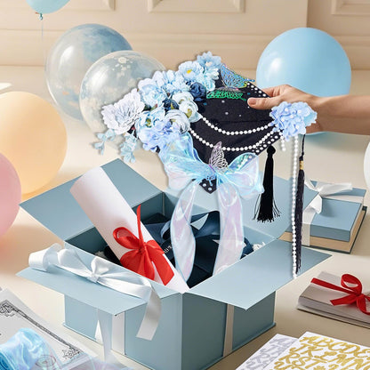Pineraap Graduation Cap Decorations Kit, Artificial Flower Heads 3D Butterfly Stickers Rhinestones Letter Number Stickers Pearls String Decor Ribbon for DIY Grad Cap Topper Party Supplies, Blue