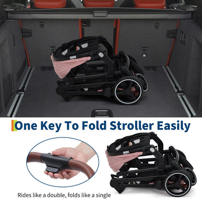 Double Tandem Stroller for Newborn & Toddler – Foldable Twin Pushchair with Reversible Seat, 5-Point Safety Harness, Adjustable Backrest & Canopy, Storage Basket