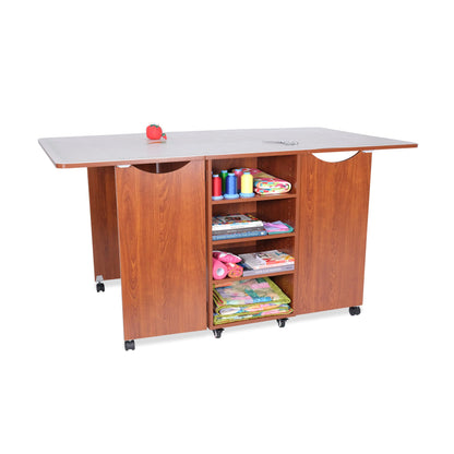 Kangaroo Kookaburra Cutting Table – Large Sewing, Quilting & Craft Workstation with Expandable 70” x 40” Surface, Storage Drawers, Shelves & Rolling Locking Casters, Teak Finish