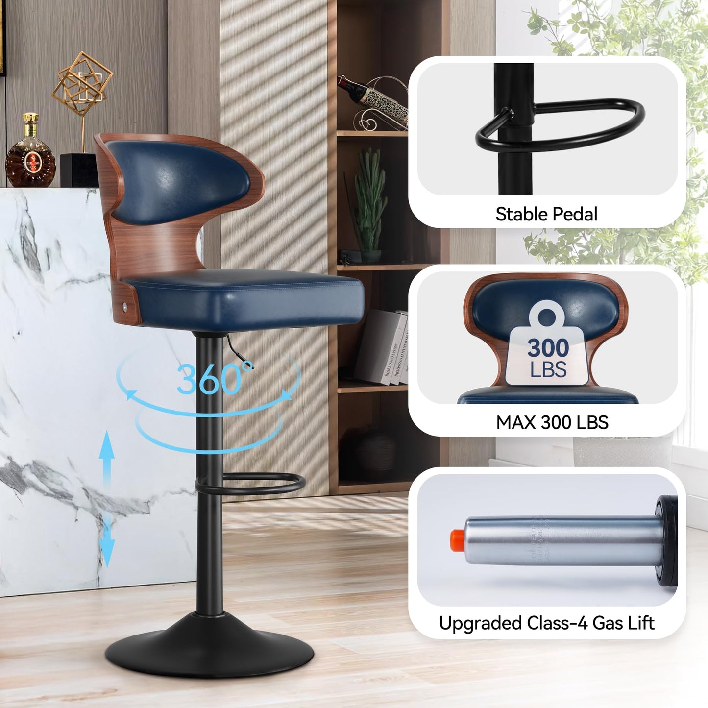 Daluvenix Bar Stools Set of 4 Adjustable Height Swivel Bar Stools Faux Leather Upholstered Bentwood Barstools with Back & Footrest Bar Chair for Dining Room Kitchen Blue