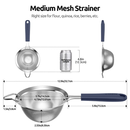 U-Taste Medium Fine Mesh Strainer: 18/8 Stainless Steel 4.73in 30 Mesh Kitchen Food Sieve with Sturdy Riveted Silicone Handle, Heavy Duty Deep Handheld Metal Colander for Rice, Quinoa(Midnight Blue)