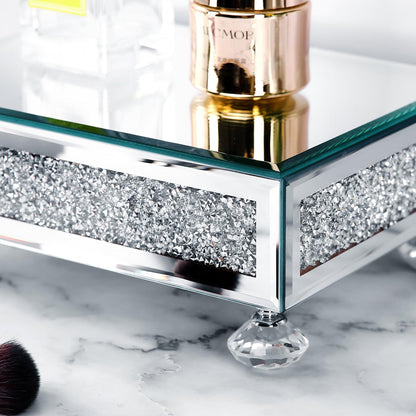 TACIDON Glass Mirrored Riser for Kitchen Sink, Bathroom Counter Modern Decor. Crystal Pedestal Stand for Displays. Crushed Diamond Bling Decor Tray.(Silver)
