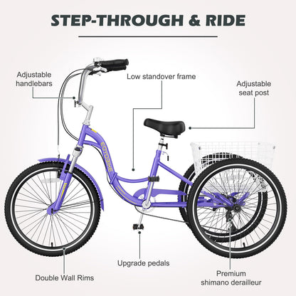 H&ZT Adult Tricycle, 3 Wheeled Bike, Trike Cruiser Bike, with 7-Speed Gear, Parking Brake Handle, Low Step, Large Rear Basket, Elderly Friendly, for Men, Women, and Teens