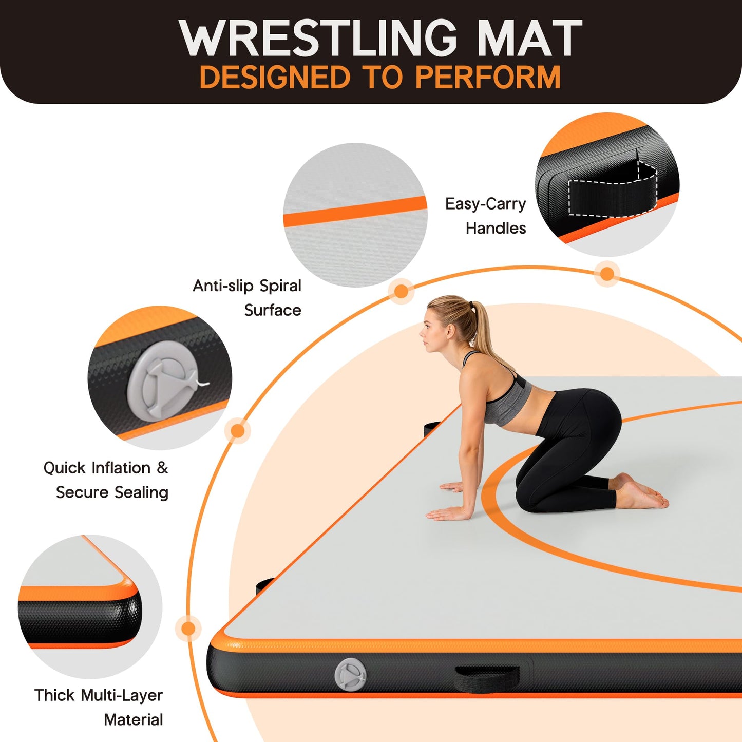 Specraft 10x10 FT Inflatable Wrestling Mat 4" Thick PVC Orange/Gray Waterproof Jiu Jitsu Mats for Jiu Jitsu, BJJ, MMA, Grappling & Water Yoga, Indoor/Outdoor, Includes Dust Bag & Repair Kit