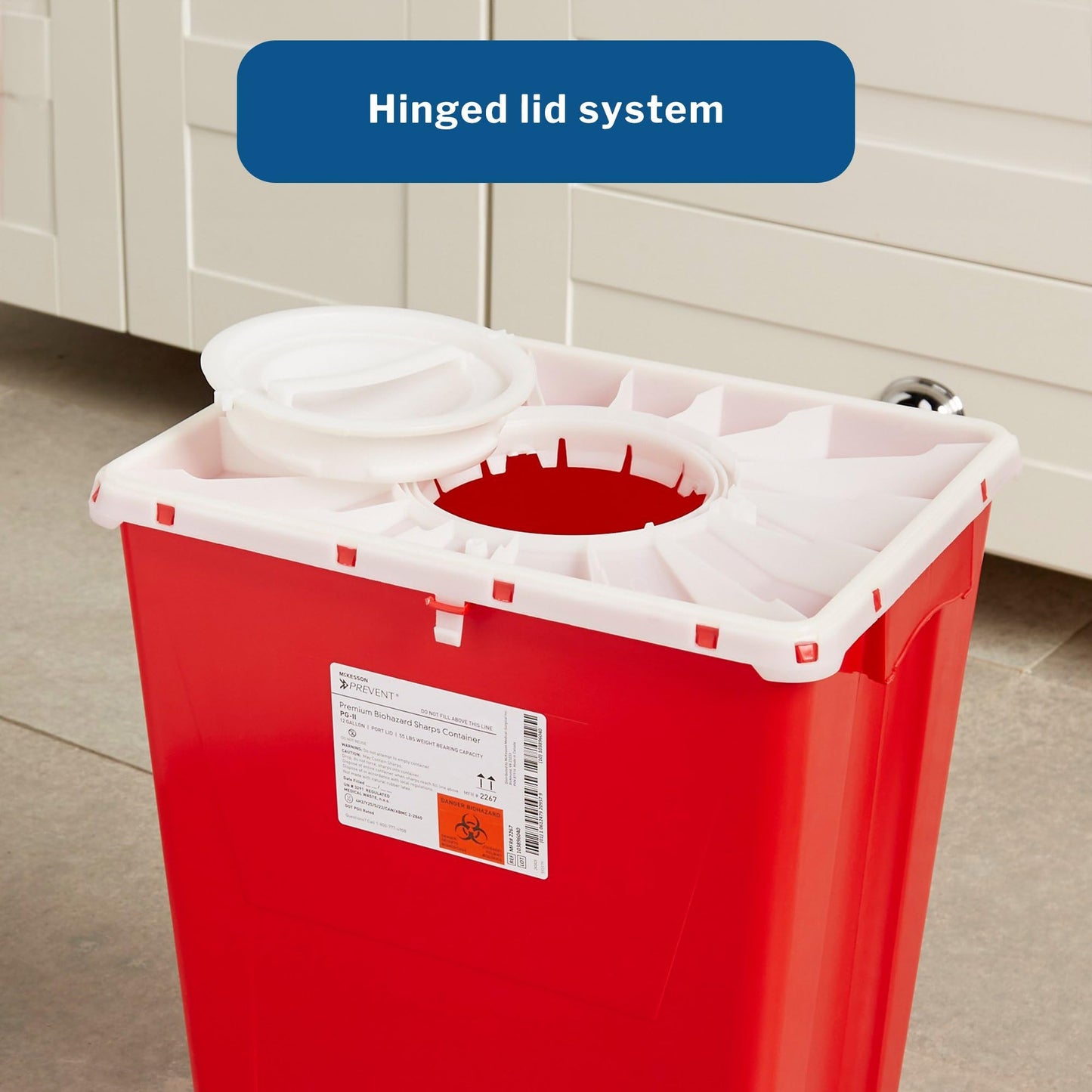 McKesson Prevent Biohazard Sharps Container, Premium - PG-II, Plastic, Vertical Entry, Rotating Lid - Red, 12 gal, 13 in x 17 3/10 in x 20 4/5 in, 1 Count