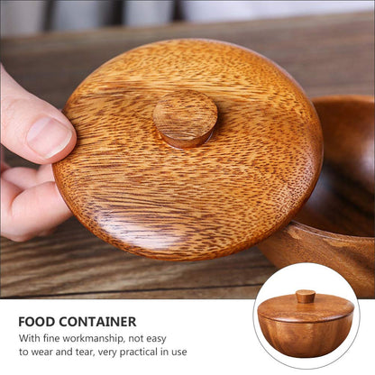Hemoton Wooden Rice Bowl with Lid 3.14 Inch Acacia Wood Seasoning Bowl Food Container for Kids and Adults Safe Practical Kitchen Dining