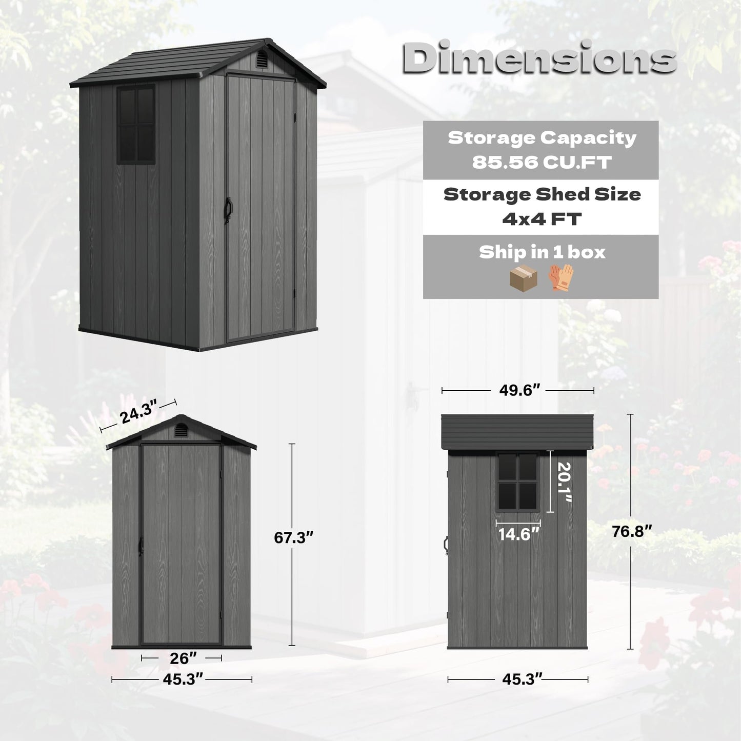 Devoko 4×4 FT Resin Storage Shed with Floor, Plastic Outdoor Garden Shed with Windows and Lockable Doors, Waterproof Outside Tool Sheds for Patio Backyard Lawn, Dark Gray