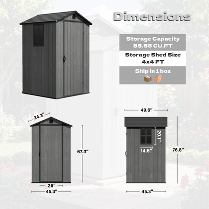 Devoko 4×4 FT Resin Storage Shed with Floor, Plastic Outdoor Garden Shed with Windows and Lockable Doors, Waterproof Outside Tool Sheds for Patio Backyard Lawn, Dark Gray