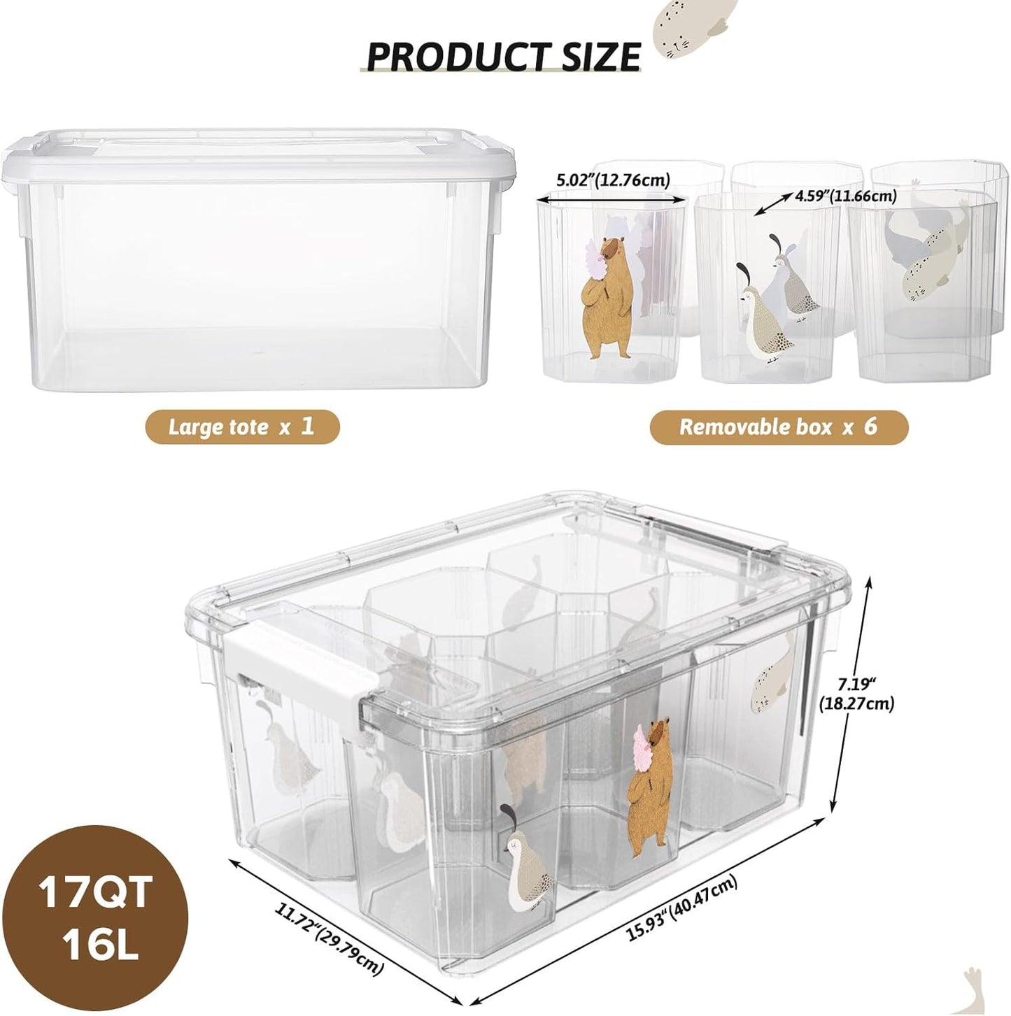 17QT 1 Pack (1 Pack) loobuu Plastic Storage Bins with Lids - Art Craft Supply Organizer Box with Brush Pot for Kids