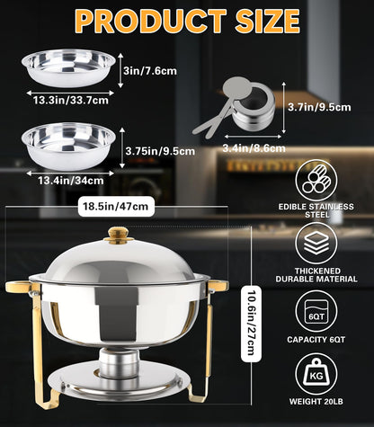 Beviliu 6QT Chafing Dishes for Buffet, 6 Pack 6QT Round Stainless Steel Chafing Dish Set for Home Parties, Christmas Gatherings, Food Warmers for Parties Buffet, Catering Supplies Buffet Display