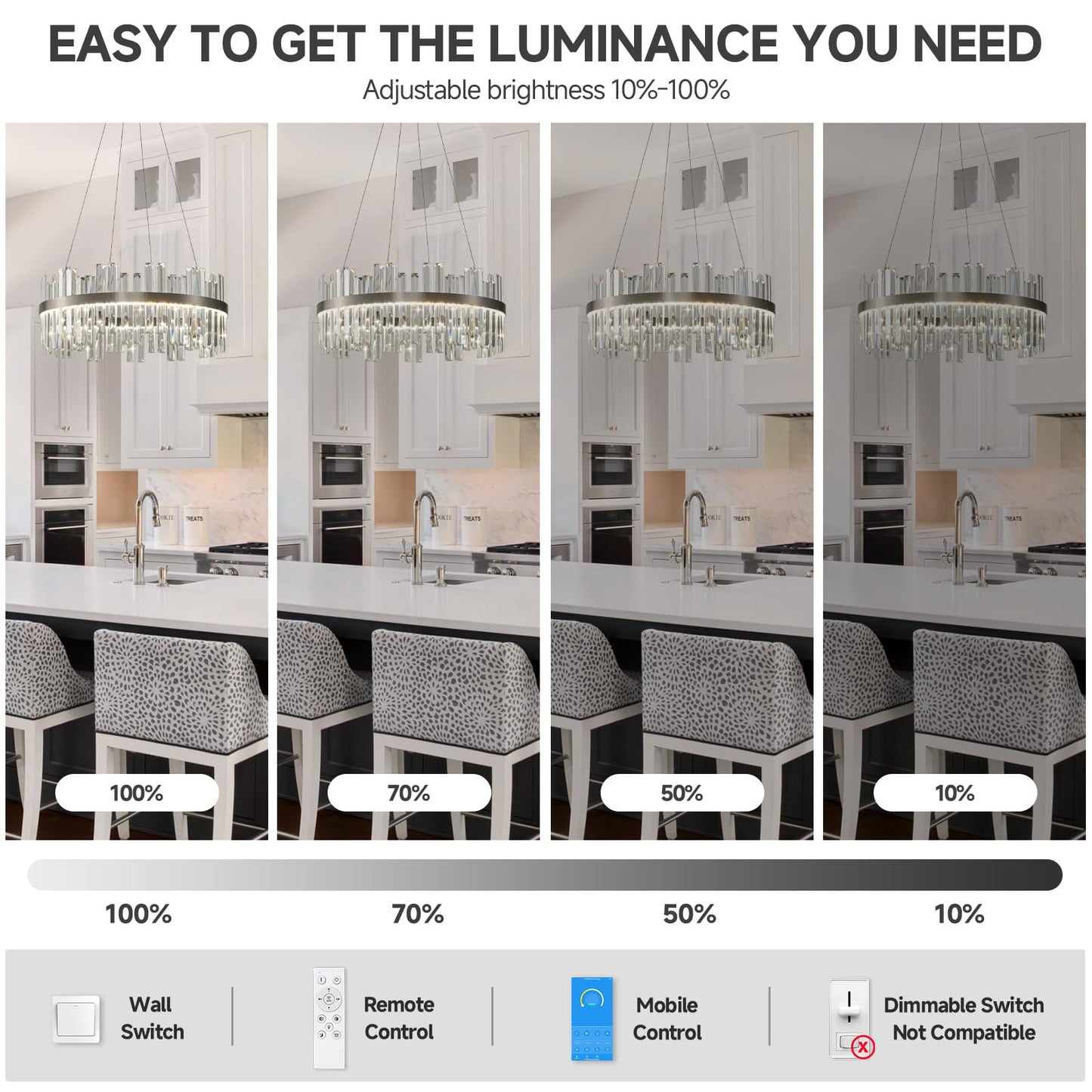 Nickel Led Modern Crystal Chandelier: 23.6" Round K9 Luxury Smoke Grey & Clear Crystal 3 Color Dimmable Contemporary Chandeliers for Dining Room Light over Table - Adjustable Height Light with Remote