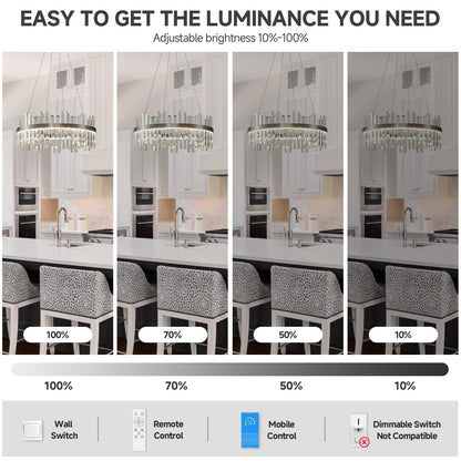 Nickel Led Modern Crystal Chandelier: 23.6" Round K9 Luxury Smoke Grey & Clear Crystal 3 Color Dimmable Contemporary Chandeliers for Dining Room Light over Table - Adjustable Height Light with Remote