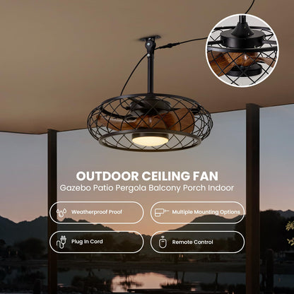 CROSSIO 20'' Outdoor Ceiling Fans with Lights, Gazebo Fan Wet Rated Remote&APP Control, Plug in Ceiling Fan for Patios, Pergola, Ceiling Fan with Remote Control, Hanging with Hook,Black