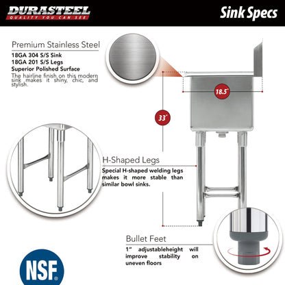 DuraSteel 304 Commercial Stainless Steel Utility Sink - 15 Inch Tub Freestanding Prep Kitchen Sink - NSF Hand Wash Station for Kitchen Sinks, Outdoor, Laundry Room, Garage Slop Small Kitchenette