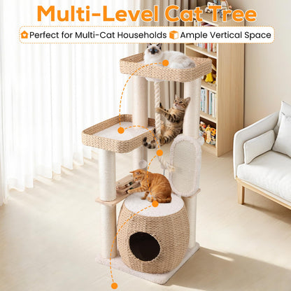 EMUST Luxury Modern Cat Tree Tower 50IN - Heavy-Duty Multi-Level Cat Condo with Extra-Large Hand-Woven Rattan Bed & Thickened Scratching Post for Indoor Cats Large Adult