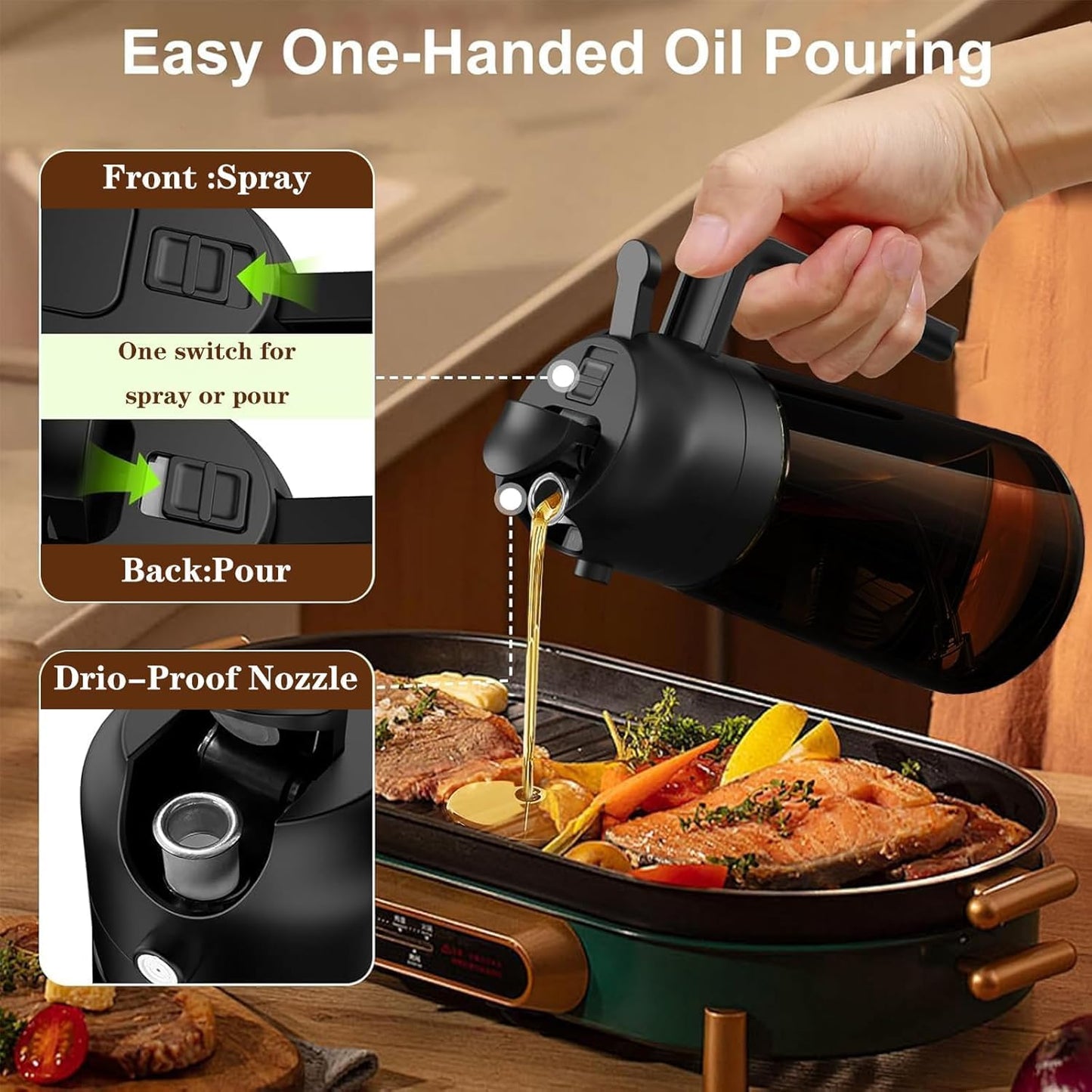 2 1 16oz 470ml OURCABECUE Kitchen Upgraded Made Oil Sprayer for Cooking, Dark Brown in Spray and Pour Mist Olive Oil