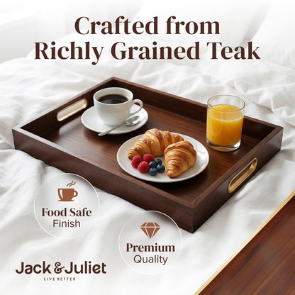 Jack & Juliet Teak Wood Ottoman Tray – Large Wooden Multifunctional Tray with Real Brass Handles - Non Slip Base in Food-Safe Finish - Gift-Ready Packaging for Coffee Table and Home Decor (Walnut)