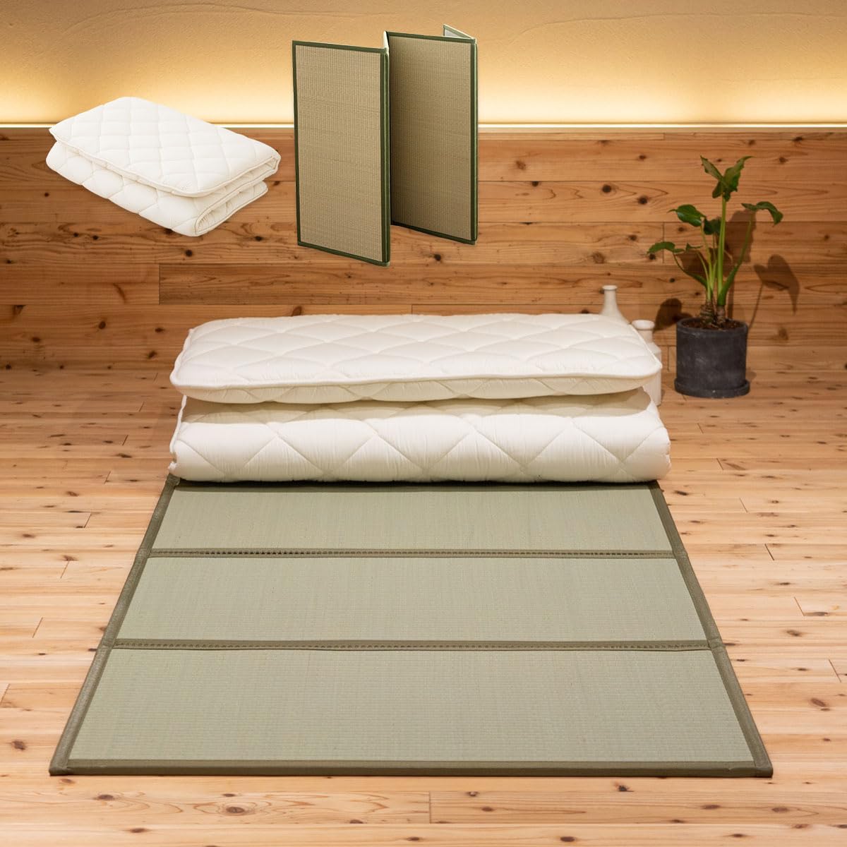 EMOOR Japanese Futon Mattress Premium CLASSE and Tatami Mat Set Twin, Floor Sleeping Mat Sikibuton Igusa Natural Cotton