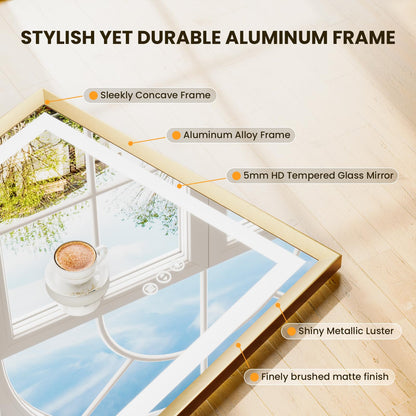 miskerm 55x36 Bathroom Mirror with Lights, Brushed Gold Metal Frame with Backlit + Front Lit, LED Bathroom Mirror, Anti-Fog, Dimmable, Bathroom Vanity Mirror Tempered Glass(Horizontal/Vertical)