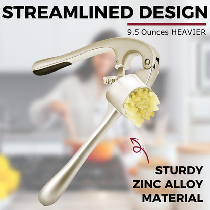 Kitessensu High Effective Garlic Press With Studs, Heavy Duty Garlic Mincer, Easy to Squeeze and Clean, Rust Proof, Ginger Crusher- Imperial Silver