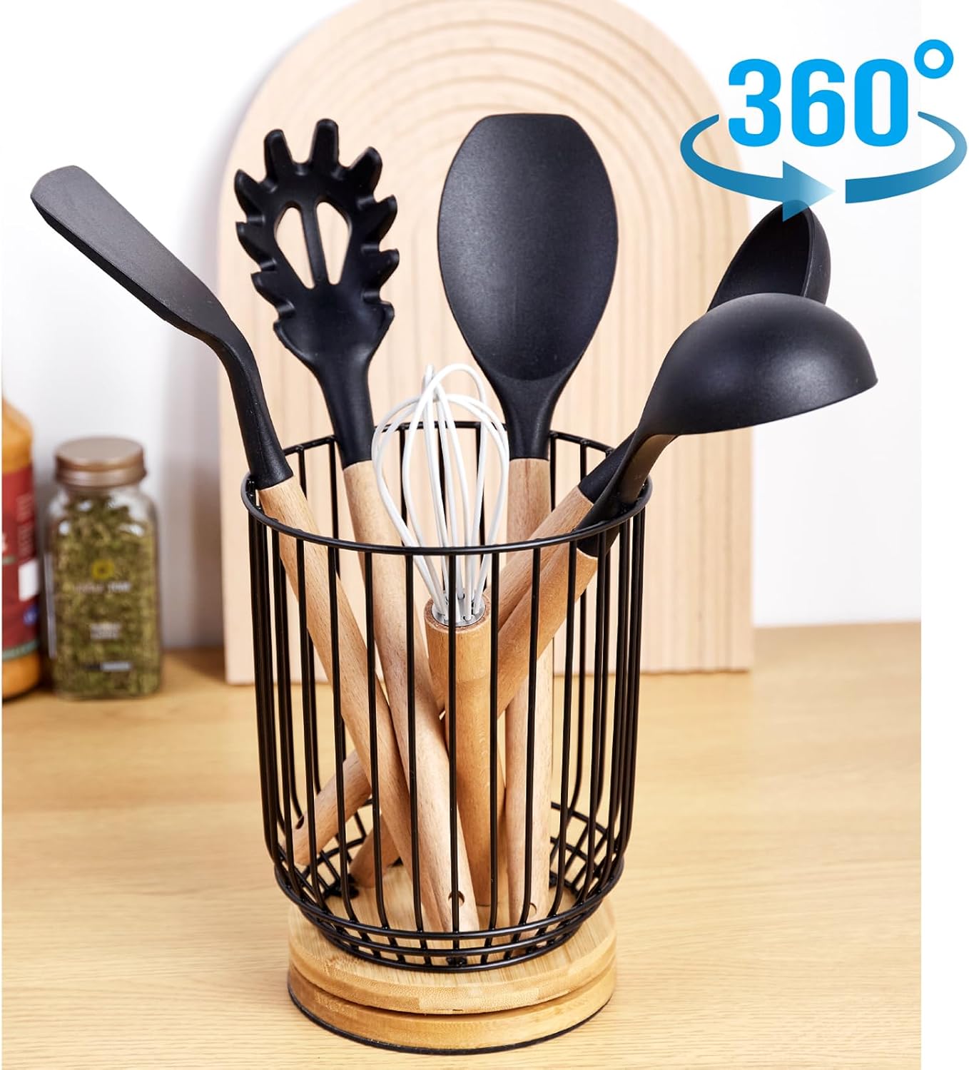 Utensil Holder for Kitchen Counter, Large Rotating Utensils Caddy for Farmhouse Cooking, Spatula Holder (Metal + Bamboo)