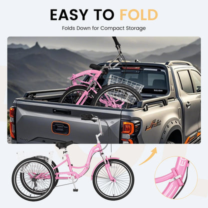 EOYOBIKE Adult Folding Tricycle, 7-Speed 3-Wheel Cruiser Bike with Low Step-Through Frame, Large Rear Basket, Adjustable Seat, 20/24/26 Inch Options