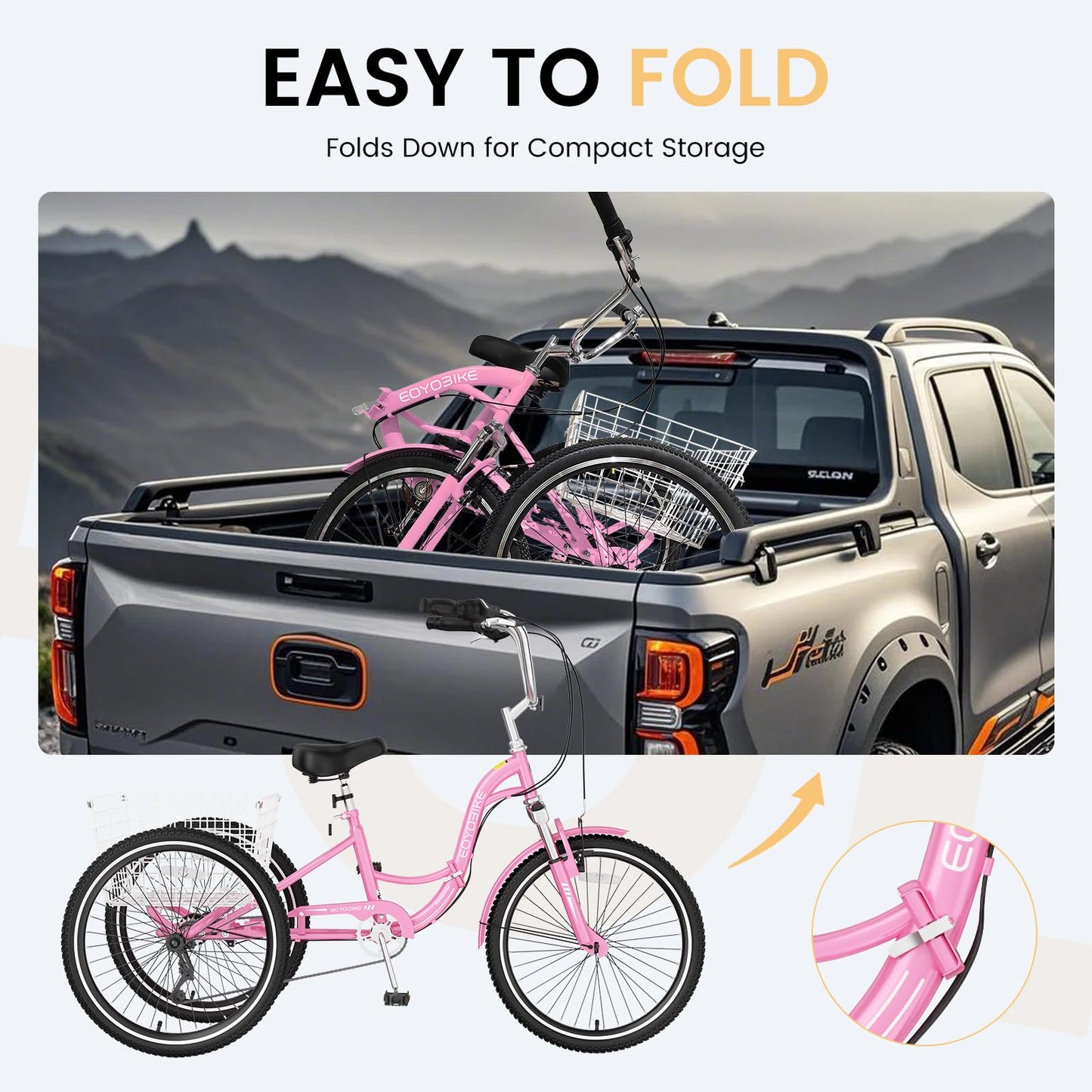 EOYOBIKE Adult Folding Tricycle, 7-Speed 3-Wheel Cruiser Bike with Low Step-Through Frame, Large Rear Basket, Adjustable Seat, 20/24/26 Inch Options