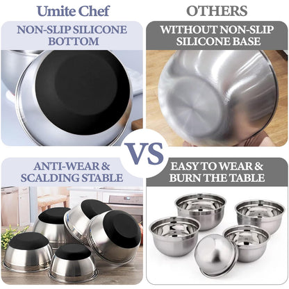 Umite Chef Mixing Bowls with Airtight Lids, 8PCS Stainless Steel Nesting Mixing Bowls Set, 3 Grater Attachments & Non-Slip Bottoms, Black Kitchen Bowls, Size 5, 4, 3.5, 2, 1.5QT for Baking & Serving
