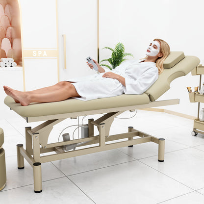 Dolonm 2 Motors Electric Massage Table, Hydraulic Electric Lift Adjustable Backrest and Height Lifting for Treatment, Physical Therapy, Spinal Massage, Facial Spa, Waxing, Tattooing - Beige Gray