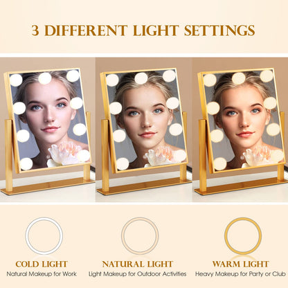 Lighted Makeup Mirror Hollywood Mirror Vanity Mirror with Lights, Touch Control Design 3 Colors Dimable LED Bulbs, Detachable 10X Magnification, 360°Rotation, (White) 12" L x 14" W