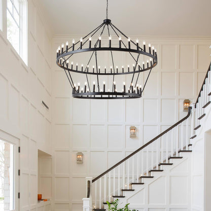 VBKK Wagon Wheel Chandelier Farmhouse 2 Tier 64-Light 70-Inch, Black Industrial Chandelier Rustic Candle Pendant Light Fixture Extra Large for High Ceilings, Dining Room, Living Room, Foyer, E12