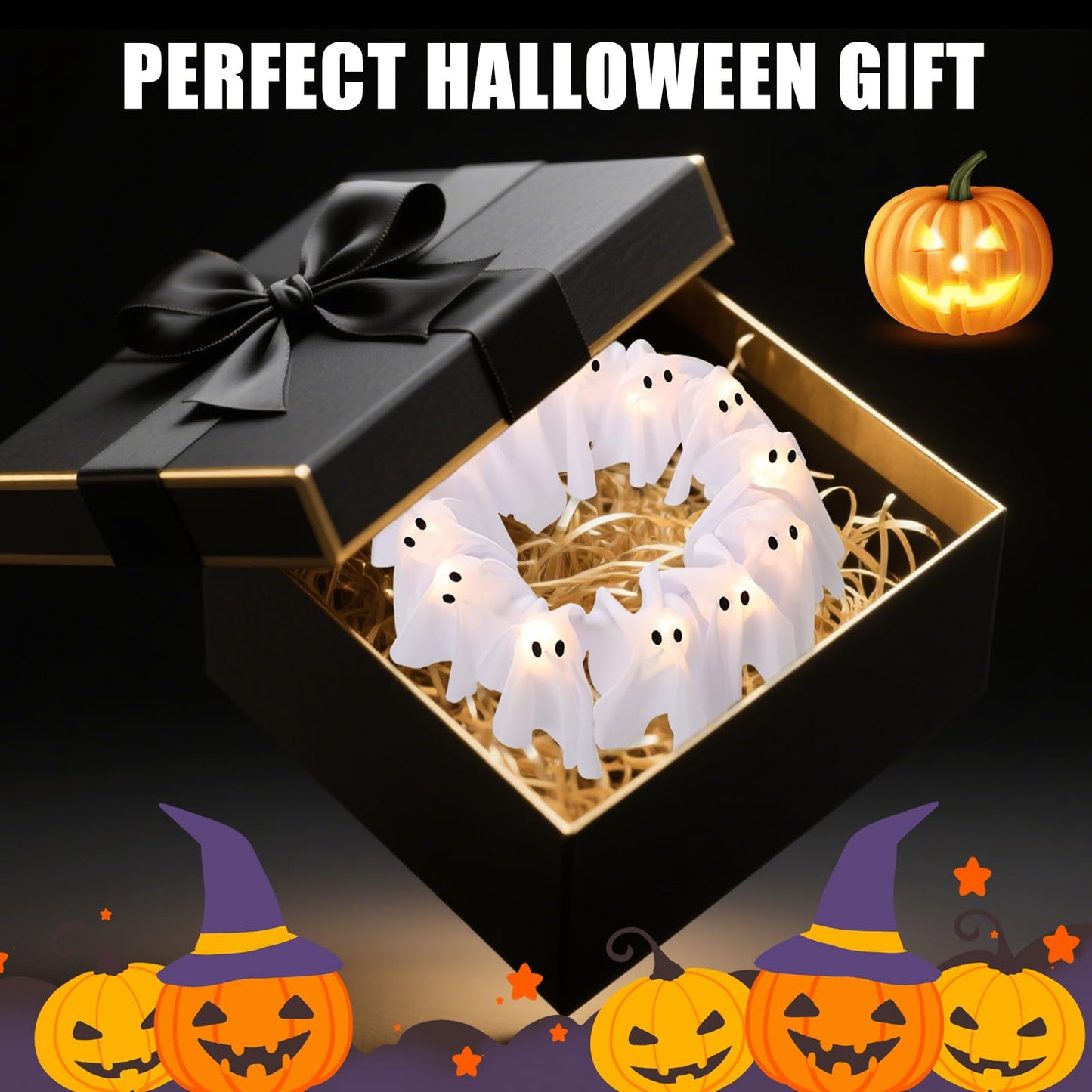 LED Light-Up Halloween Ghost Wreath, 12 Glowing White Ghost Garland, Halloween Ghost Wreath, Spooky Indoor & Outdoor Hanging Decoration for Front Door, Wall, Party