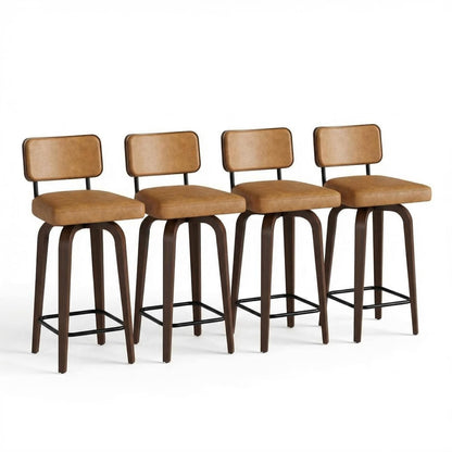 IDEALHOUSE Swivel Bar Stools Set of 4, 26" Upholstered Counter Height Bar Stools with Back and Walnut Wood Legs, Larger Cushion Size 18.3"*17.5", Faux Leather Barstools for Kitchen Counter, Brown