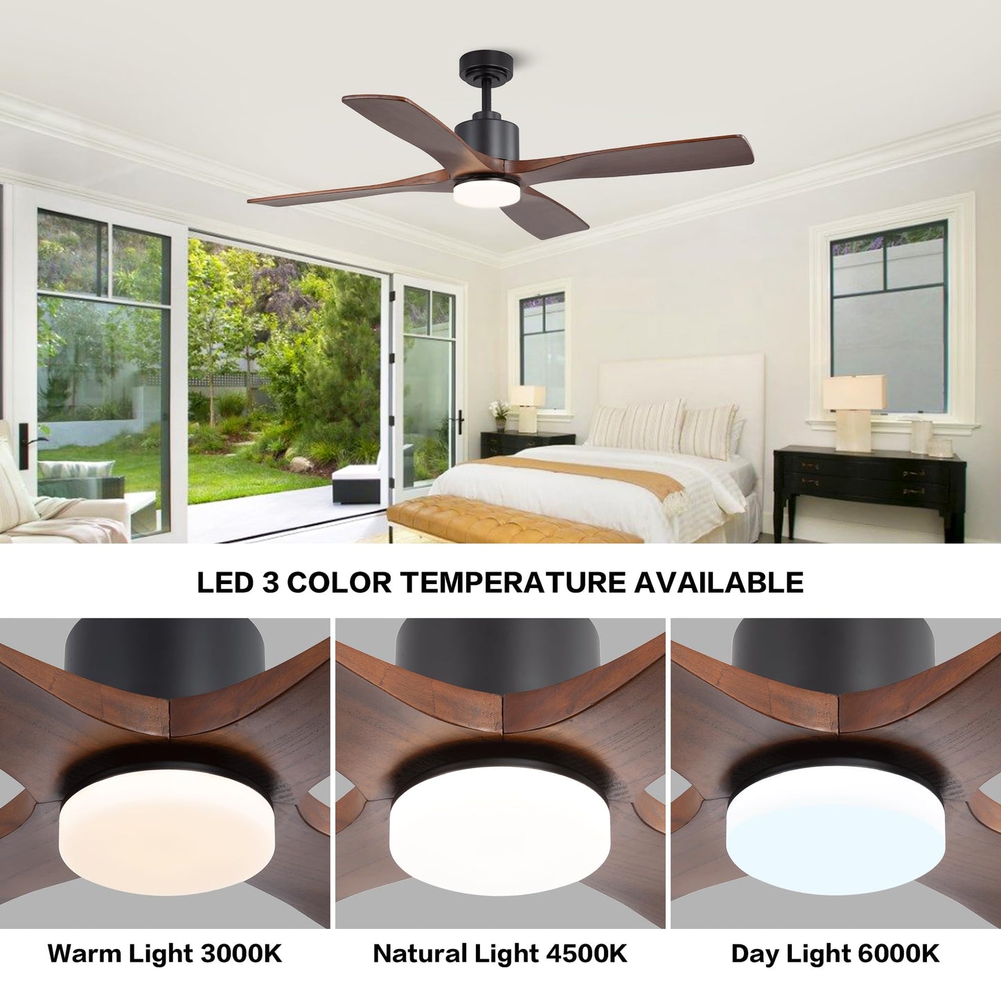 WINGBO 54 Inch DC Ceiling Fan with Lights and Remote Control, 4 Carved Solid Wood Blades, 6-Speed Noiseless Reversible DC Motor, Modern Ceiling Fan in Black Finish with Walnut Blades