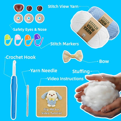BUNUKY Crochet Kit for Complete Beginners - DIY Starter Kit to Make a Cute Puppy | Step-by-Step Video Tutorials for Easy Learning | Creative Craft Gift for Christmas, Adults, Teens (Sky Pup)